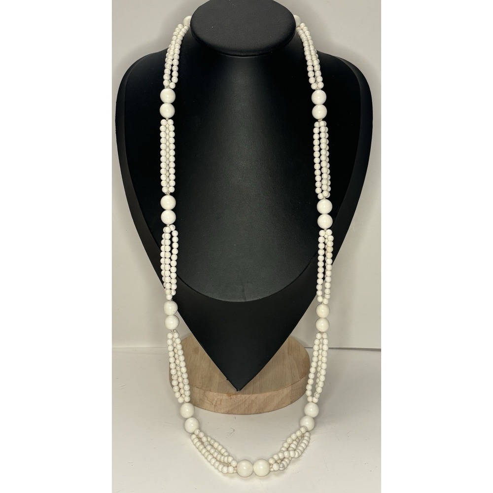 Vintage White Glass Bead Necklace 31" Multi Strand Opera Length Mod